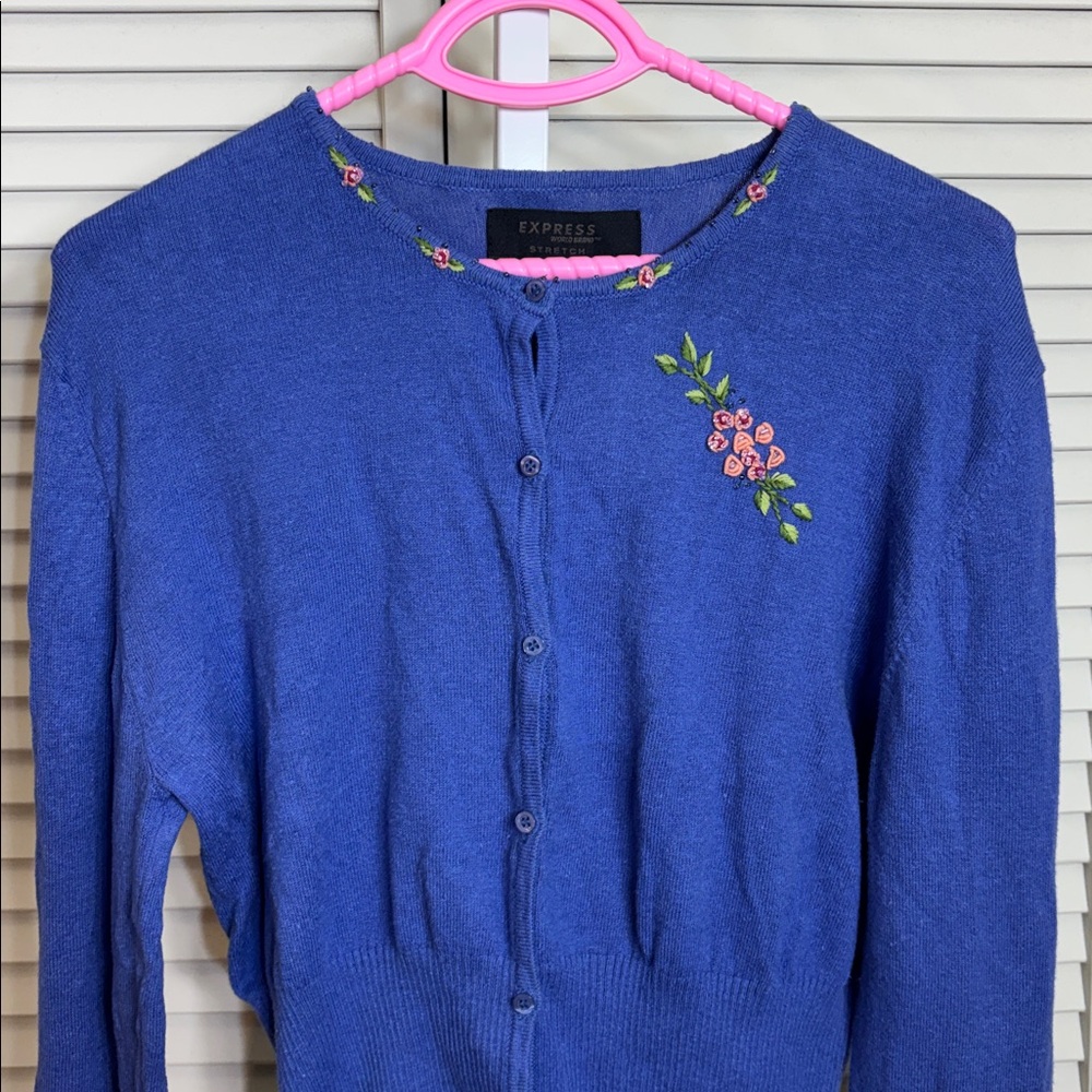 NWT Express Y2K Vintage Periwinkle Embroidered & Beaded Floral Cardigan Large - Picture 2 of 11